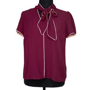 Wine Red and Pink Short Sleeved Blouse with Neck-Tie from Forever 21